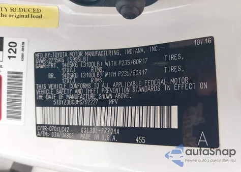 2017 Toyota Sienna Xle/Limited from USA, damaged, VIN 5TDYZ3DC8HS792227
